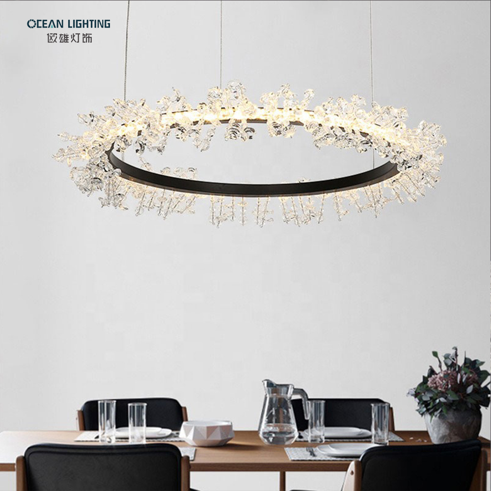 Nordic LED Pendant Light Modern Black And Clear Ring Chinese K9 Crystal Chandelier
